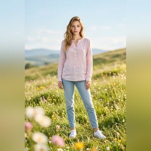 Sigrid Olsen Pale Pink Linen Long-Sleeve Blouse Coastal Cottagecore Lightweight